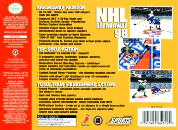 NHL Breakaway 98 (USA) box cover back